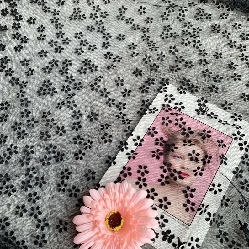 1 yard Black Flowers Flocking Lace Fabric Flocked Floral Tulle Fabric For Girl Dress Tutu Dress Wedding Dress Bridal Veil