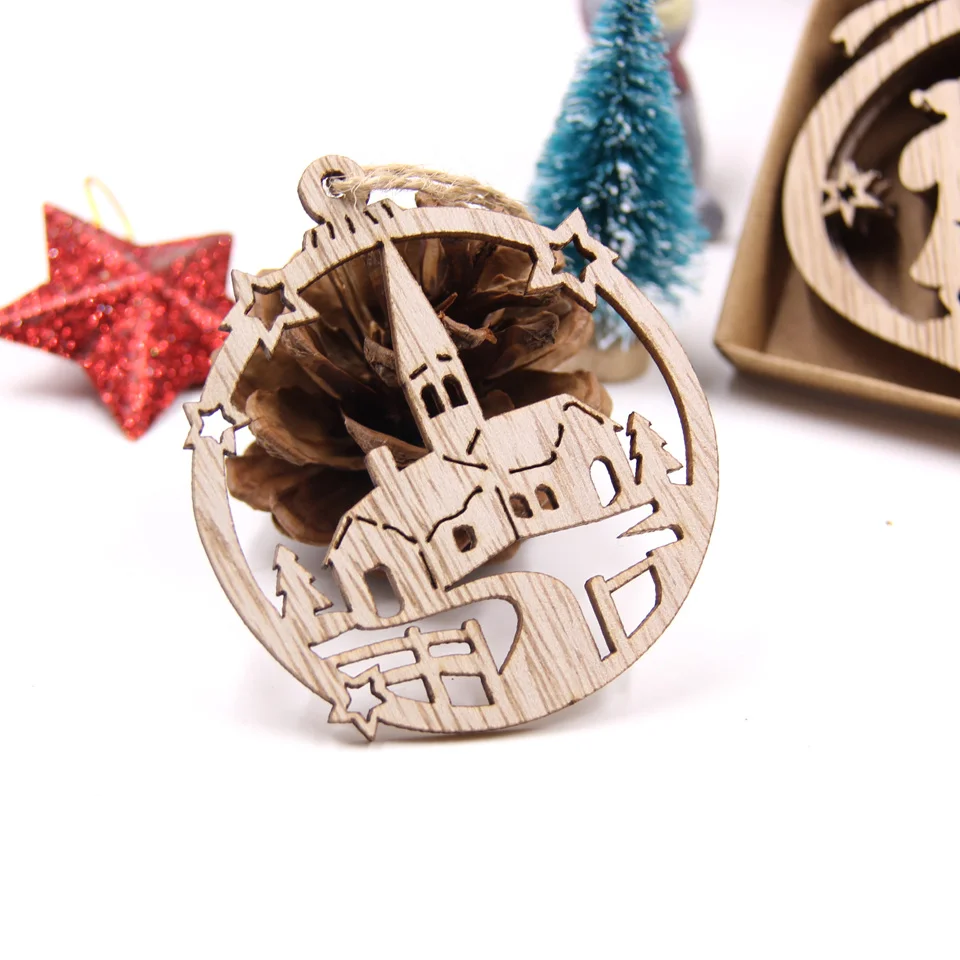6PCS Christmas Wooden Pendants Creative Hollow Hanging Ornaments Wood Craft for Christmas Tree Decor Kids Gifts DIY Paingting
