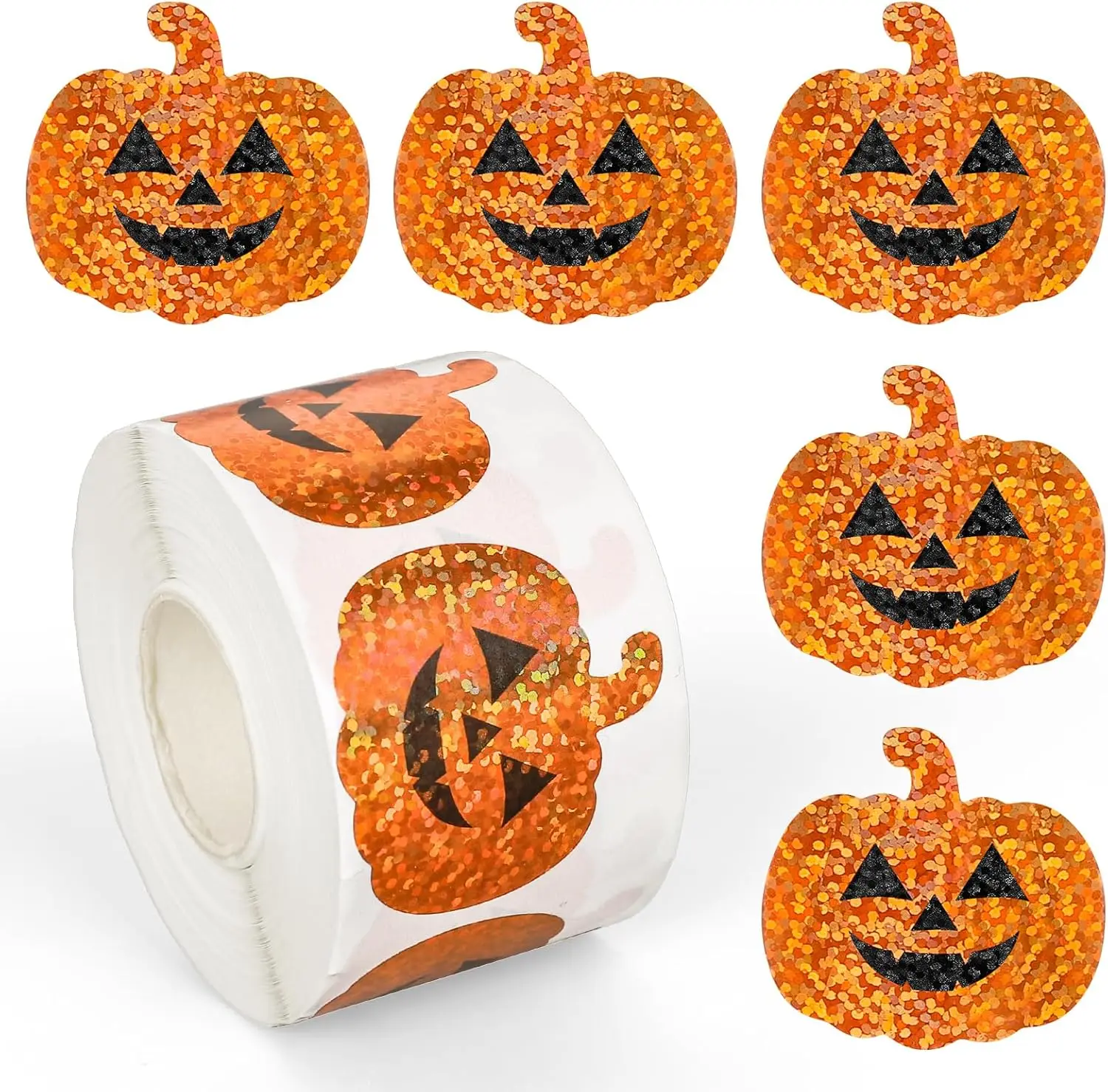 Pumpkin Stickers Roll Laser Waterproof Decals Orange Sparkly Self-Adhesive Stickers For Halloween Party Envelope Scrapbook Decor