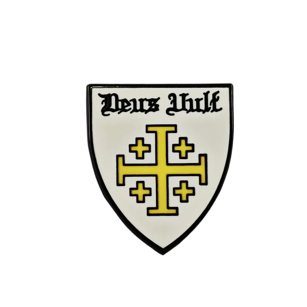 Crusader Kings Deus Vult Shield Brooch Jerusalem Cross Metal Badge Medieval Knight Video Enamel Pin Game Fans Decoration Gift