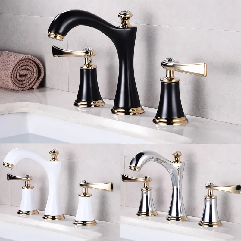 

Basin Faucets Total Brass Black and Gold Bathroom Sink 3 Hole Double Handle Hot And Cold Waterfall Faucet Water Tap