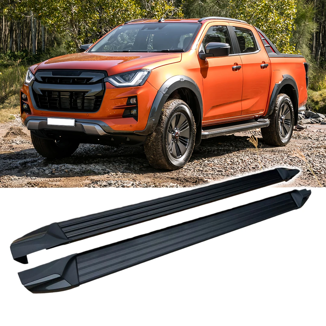 

2 шт., черные алюминиевые подножки, текстурированная противоскользящая поверхность, подходит для Isuzu D-MAX DMAX 2021-2024, штанги Nerf с фиксированной дверью