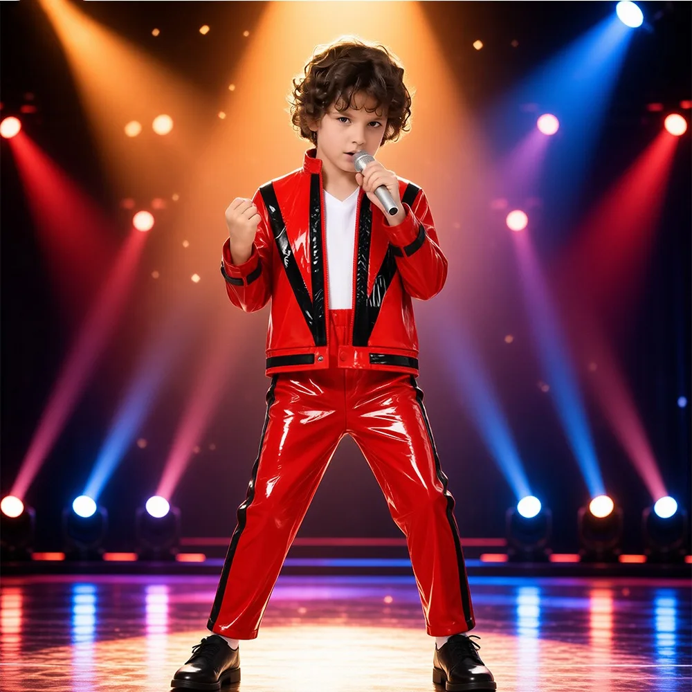 Michael Jackson Performance Costume Red and Black Color Blocked Leather Full Set of Clothing Teenager Stage Performance Hallowee