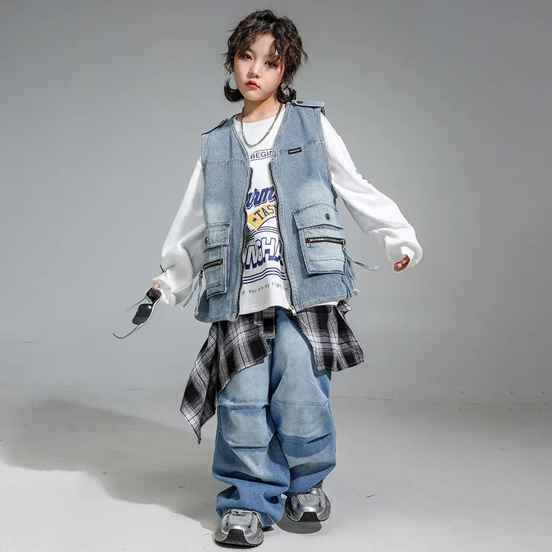 Boys Hip Hop Pullover Street Dance Denim Cargo Pants Girls K-pop Outfits Kids Jazz Sport Clothes Sets Children Stage Streetwear