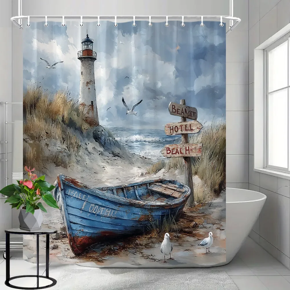 Coastal Lighthouse Shower Curtain, Beach Theme Shower Curtain with Blue Wooden Boats and Seagulls, Bathroom Decor with Hooks