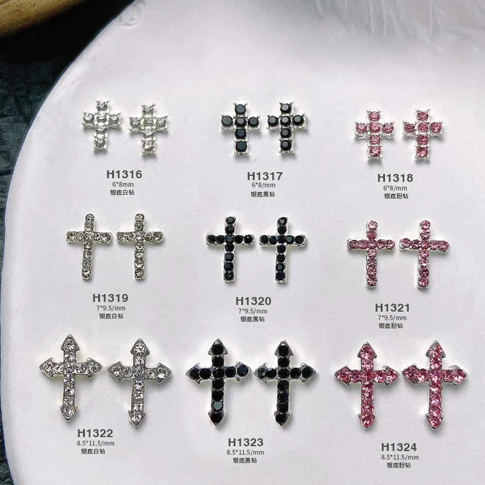 10Pcs/lot 3D Cross Alloy Nail Art Charms Silver/Black/Pink Rhinestone Christmas Halloween Diamond Jewelry Retro Punk Nail Parts