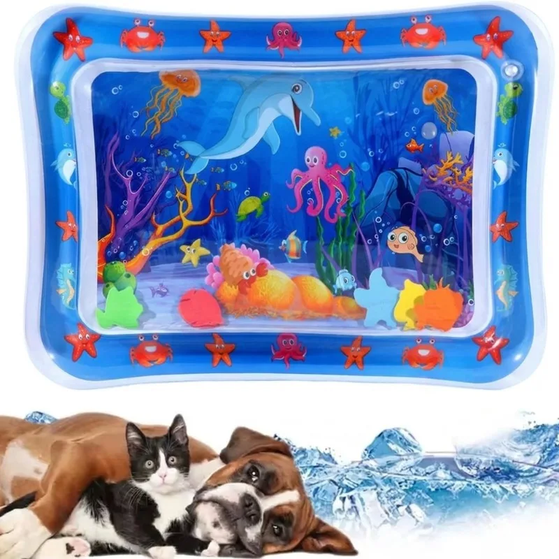 3 Styles Thickened Ocean Theme Water Play Mat for Cats Dogs Inflatable Sensory Pad with Fish Sea Animal Interactive Cooling Toy