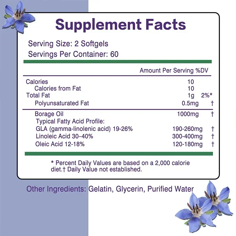Borage Oil Capsules - For Healthy Skin, Hair and Bones, Brightens Skin Tone, Reduces Cellular Stress, Enhance Immunity