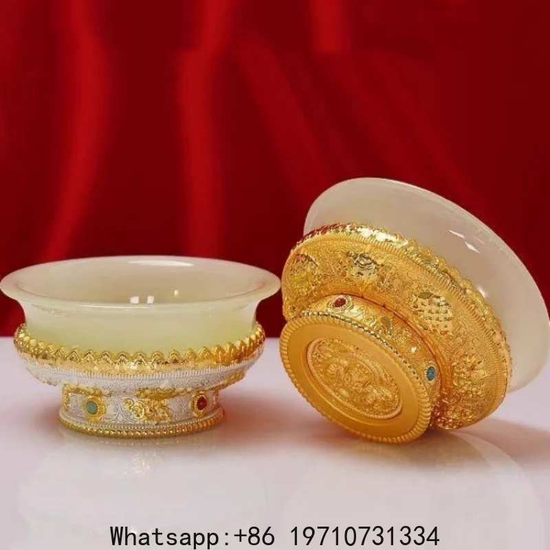 

Golden Tibetan Ghee Bowl Zinc Alloy Tantric Holy Water Cup 10cm Large Size Engraved Buddhist Stone Bowl Gift Desktop Decorative