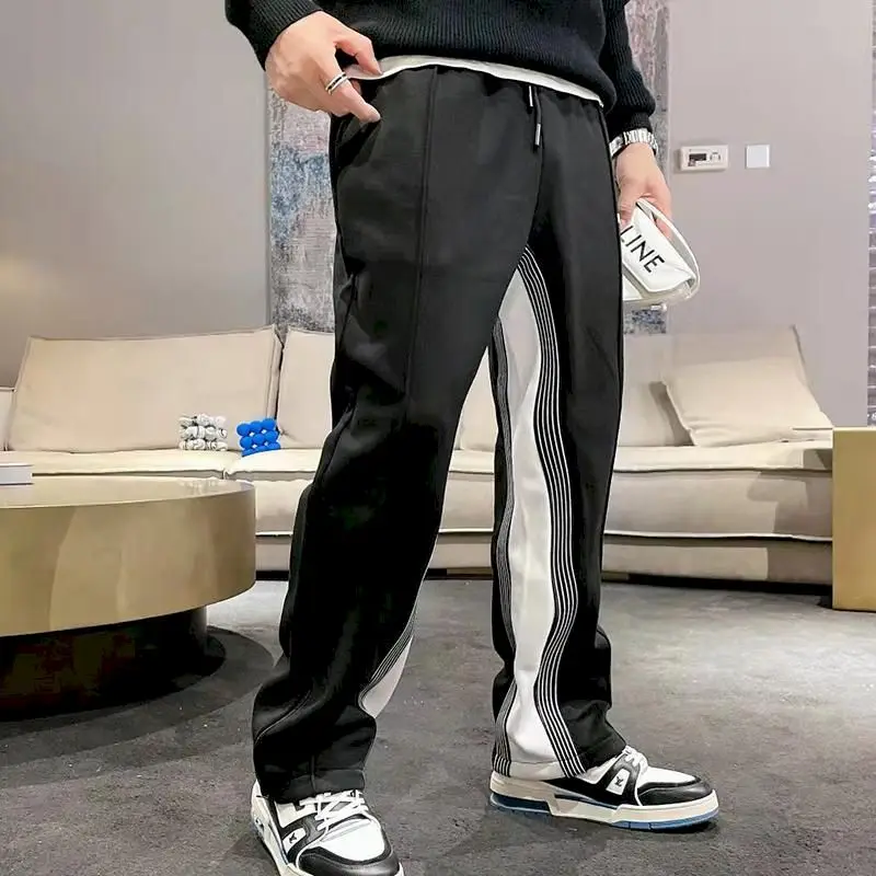 Fonekie Casual Pants 2021 Autumn Winter New Men Trendy Striped Sports Style Straight Down Black Loose Casual Trousers Mens Pants