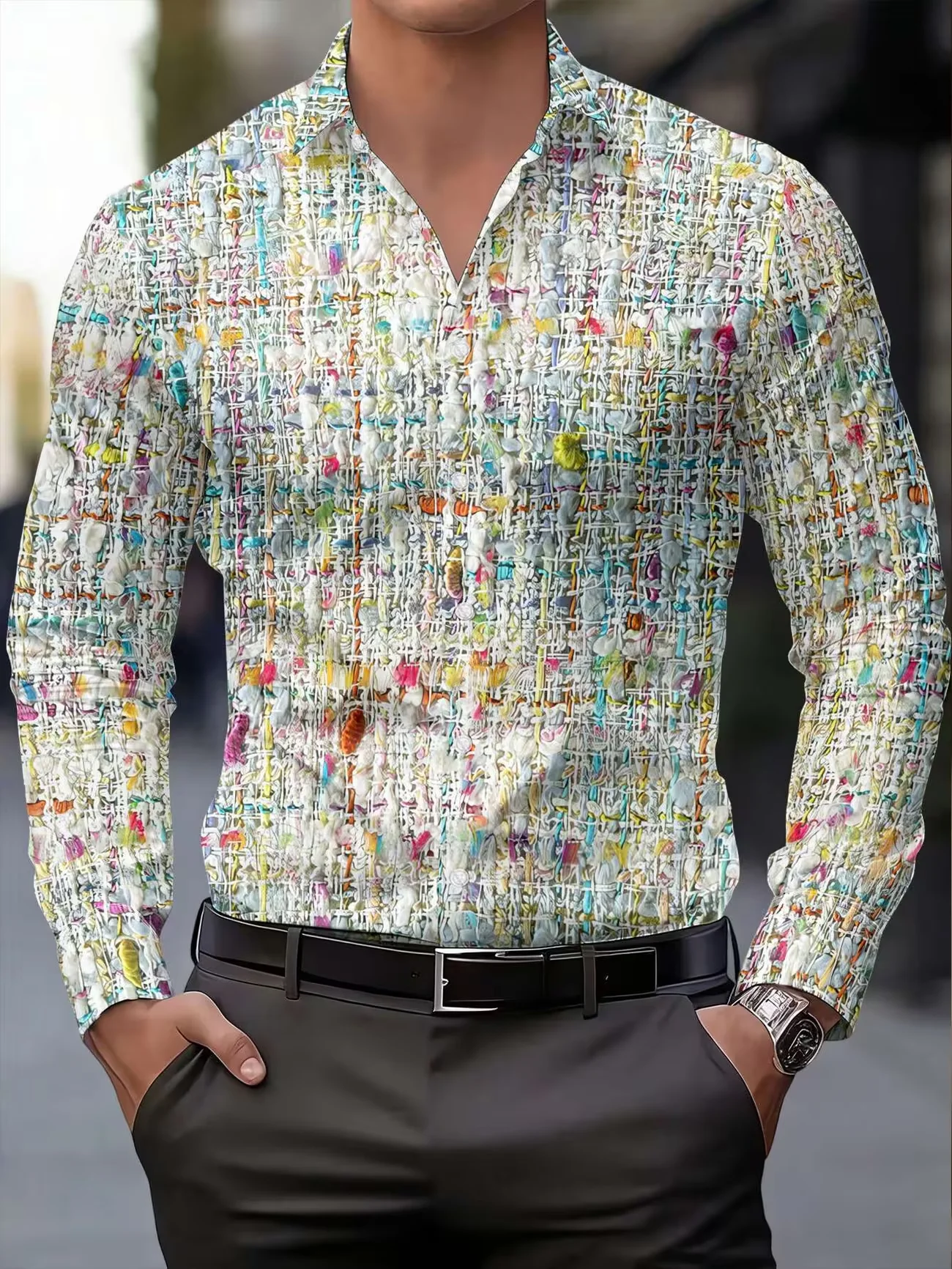 

New red background Baroque pattern leopard print patchwork men's long sleeved shirt retro casual flower shirt