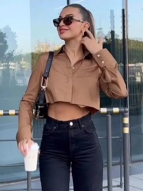 

BWQ Women Fashion Loose Cropped Shirts Vintage Long Sleeve Front Button Female Blouses Blusas Chic Tops 2025