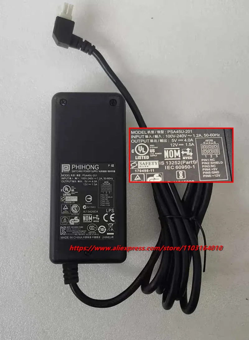 

PSA45U-201 Genuine Phihong Switching Power Supply AC Adapter Charger 5V 4A 12V 1.5A 6 Pin Plug PSA45U-201 Adaptor