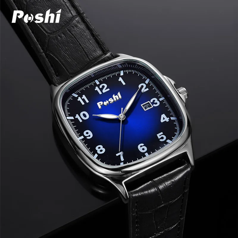 Reloj POSHI para hombre, relojes de cuarzo con correa de cuero de moda, calendario luminoso resistente al agua, reloj de pulsera deportivo informal