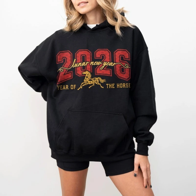 

Year of The Horse 2026 Matching Hoodie Lunar New Year Outfit Chinese Party Festive Vintage Varsity Letter Winter Sweatshirt