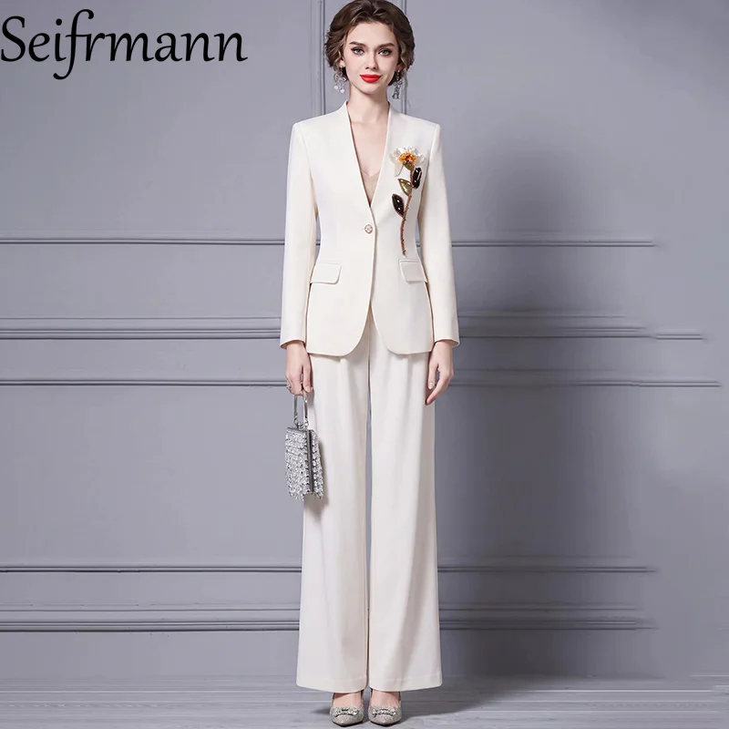 Seifrmann Solid color two-piece v-neck long-sleeved beaded suit coat wide-leg pants suit 2026 autumn fashion women's new style