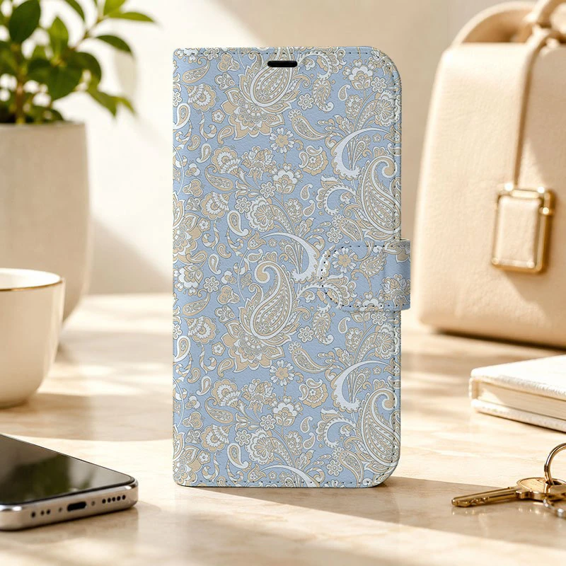Blue Patterned 2D Flip Cover Artificial Leather Phone Case for Samsung S26 S25 S24 S23 S22 A55 A36 with Foldable Stand
