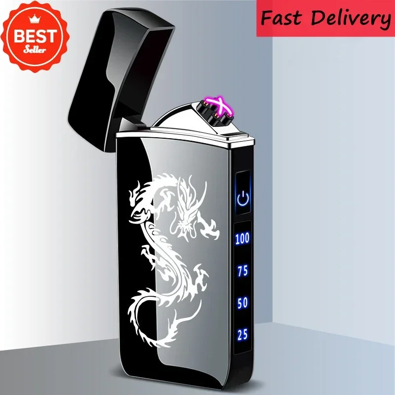 Touch Sensing Metal Electric Outdoor Windproof Lighter Dual Arc Flameless Plasma USB Rechargeable Lighters Digital Power Display