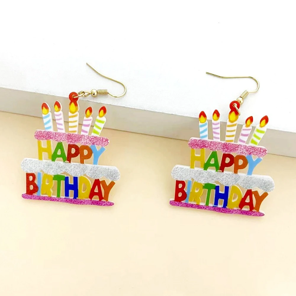 Creative Atmosphere Party “Happy Birthday” Letter Birthday Cake Candles Pendant Earrings Festival Commemorative Earrings