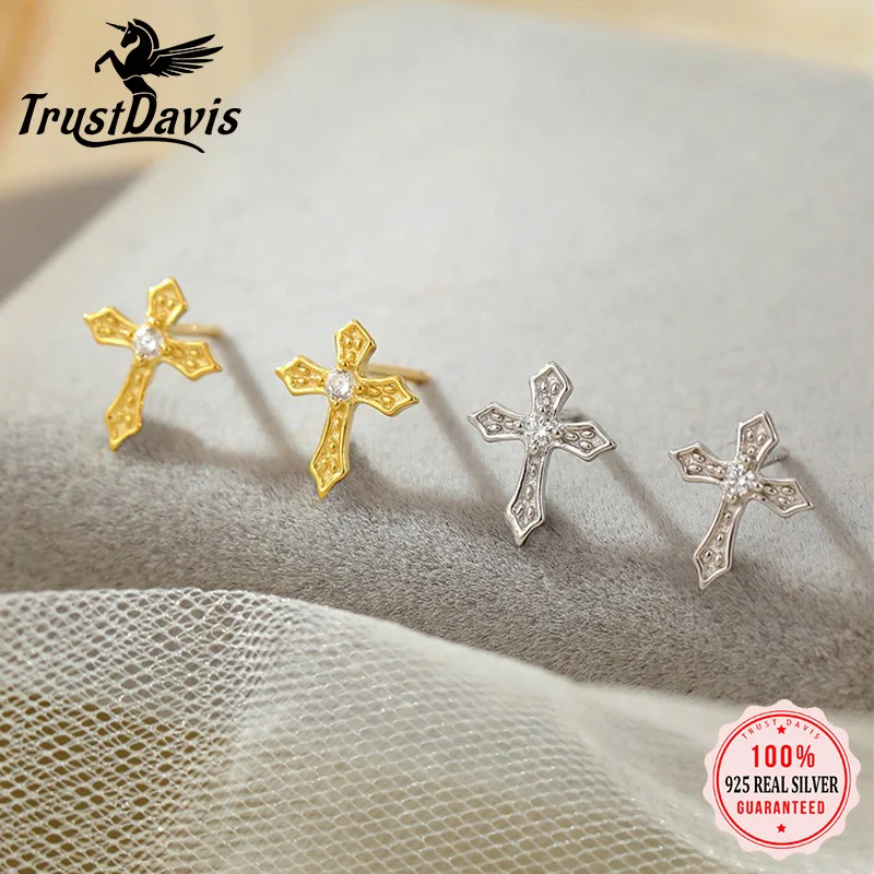

TrustDavis 100% стерлингового серебра 925 пробы, модные серьги в стиле панк CCross с цирконом, карьерные сверкающие серьги, подарок на день рождения для леди DS3921