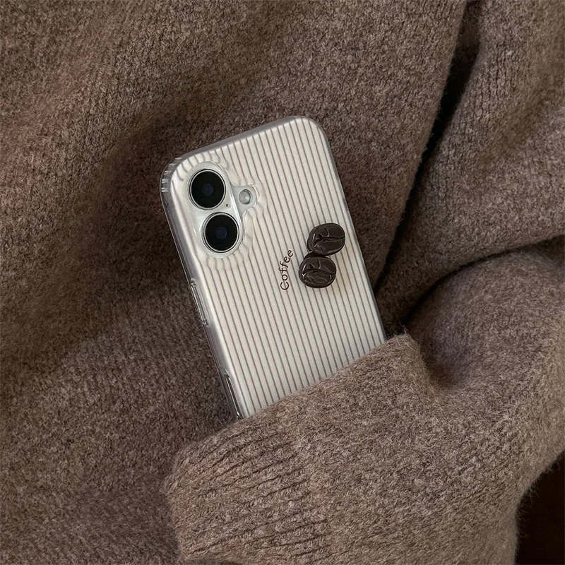 Kristallklare, transparente, weiß lackierte, gestreifte Handyhülle mit 3D-Kaffeebohnen für iPhone 11 12 13 14 15 16 17 18 Pro Max – Detail 3