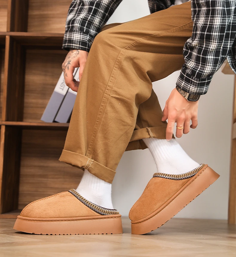 Mit Fleece gefütterte, dicksohlige Baumwollhausschuhe für Damen und Herren, für den Innen- und Außenbereich geeignet, mit dicker Sohle, abriebfest, rutschfest, geschlossen. – Detail 5