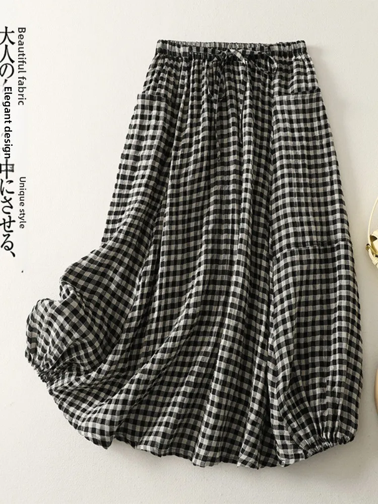 

Ретро-юбка-фонарь из хлопка и льна в черно-белую клетку для женщин, летняя, с эластичной талией, утягивающая, повседневная, больших размеров, миди, с цветочным принтом...