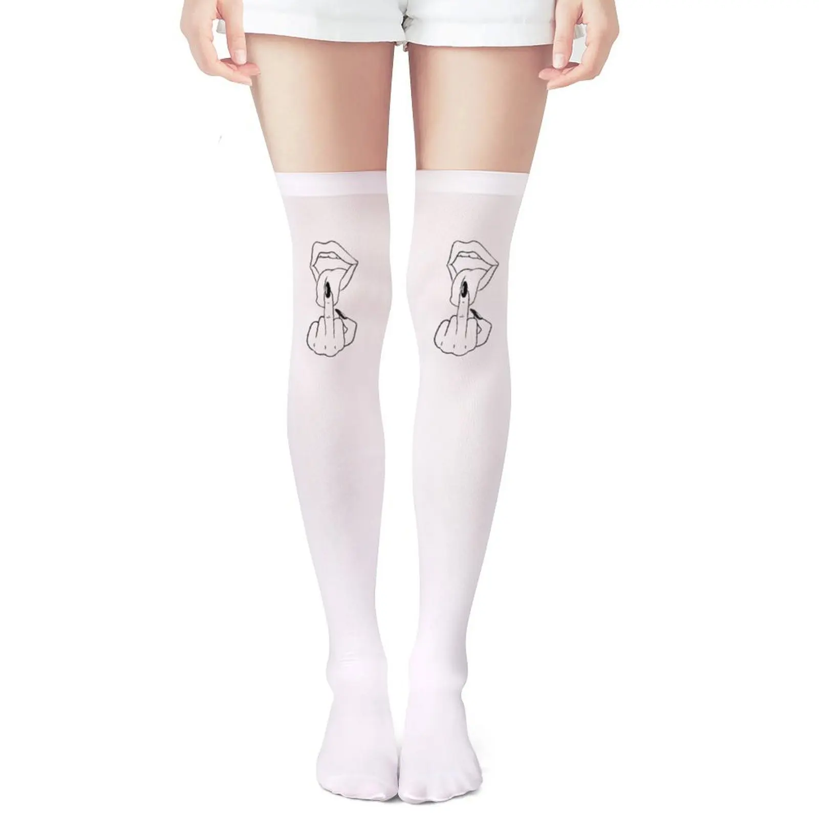 Ladies' white middle finger, red lip print thigh socks, provocative and innovative over the knee socks, adult breathable socks view 4