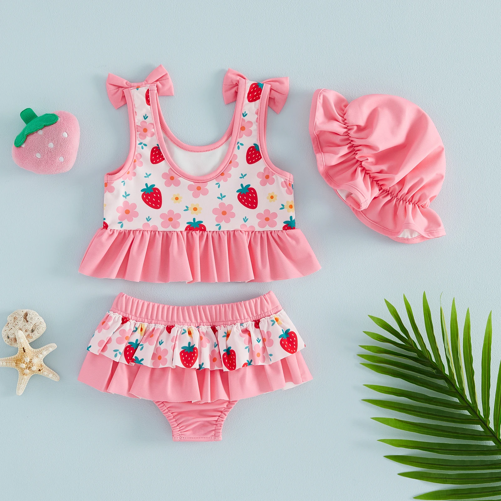 Toddler Girls Strawberry Print Swimsuit Bow Sleeveless Vest+Ruffled Shorts + Sun Hats 3pcs Bikini Sets,Summer Beach Bathing Suit view 2