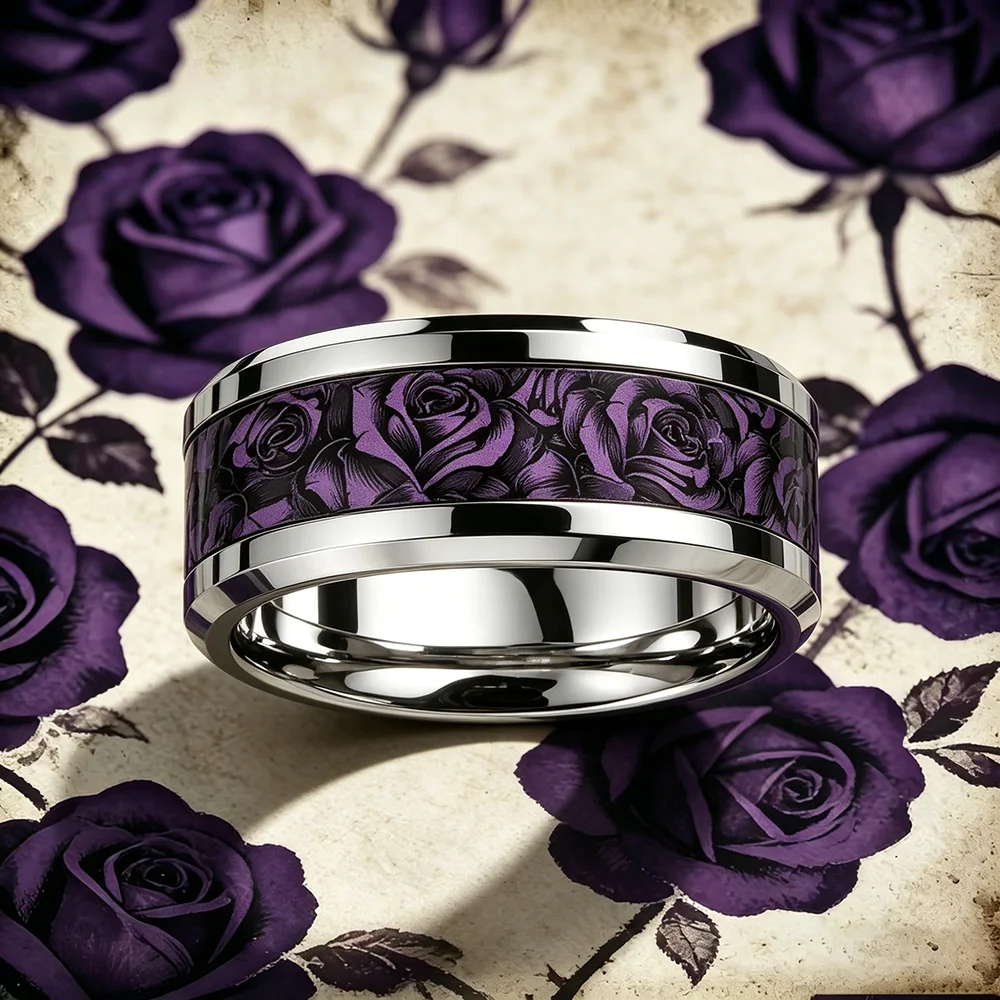 Romantischer Edelstahlring für Damen und Herren mit Dunkelvioletter und Schwarzer Rosenblütenmuster, Gotischer Blumen-Statement-Ehering, Schmuck – Detail 4
