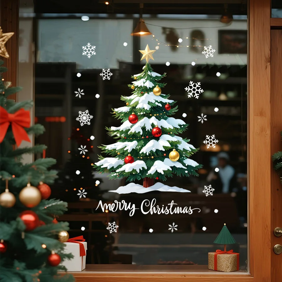 1 Piece 45* 60cm Snow Scene Christmas Tree Static Cling Window Sticker, High-Definition Printed Static Cling Sticker, Residue-Free Christmas Glass Decoration, Suitable for Shop and Home Holiday Decorations