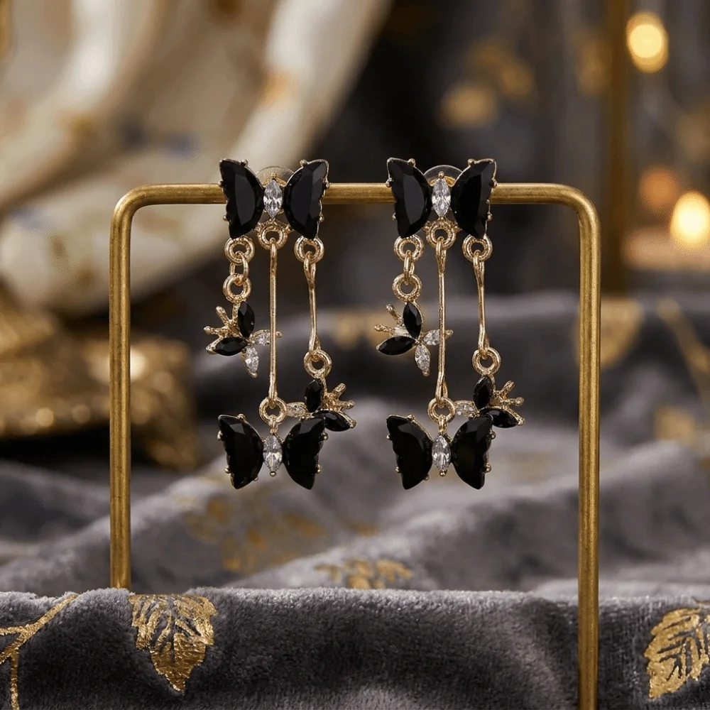 Elegant Butterfly Pendant Earrings Shiny Rhinestone Black Long Drop Earrings Lightweight Red Crystal Tassel Earrings Gift