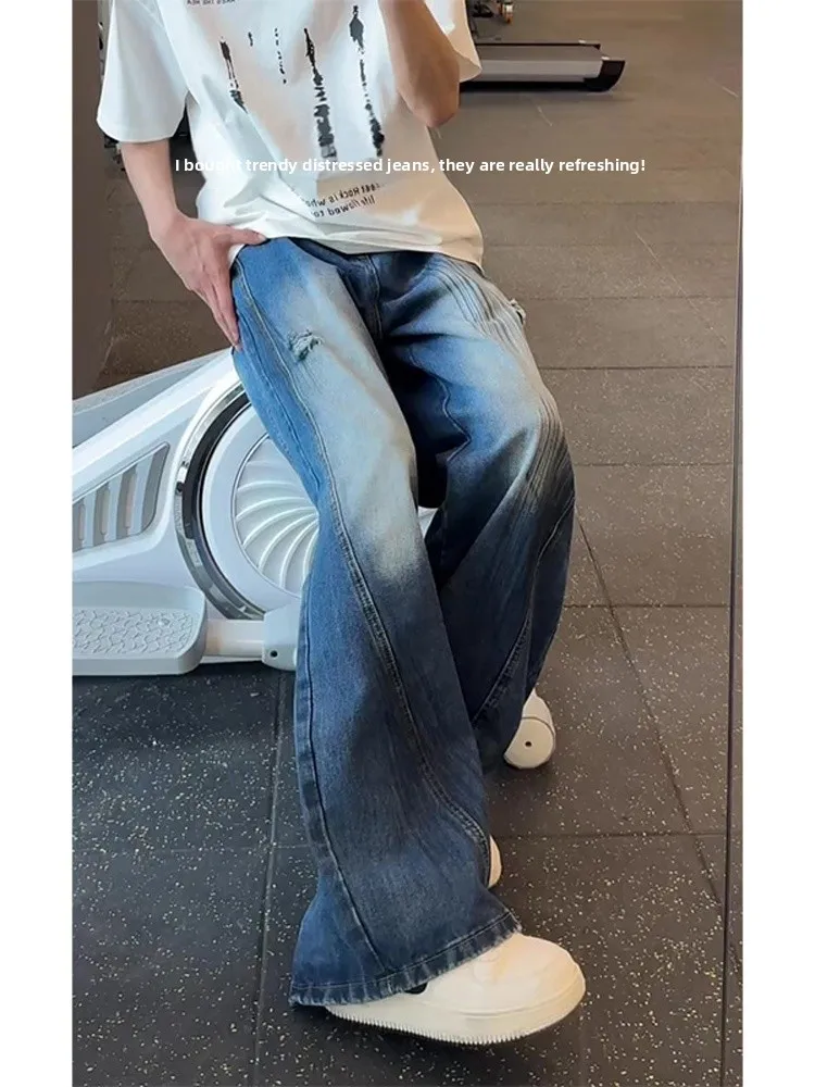 الأمريكية الرجعية الأزرق عمال الجينز الرجال الربيع الصيف فضفاض BF كسول Sle واسعة الساق سكين السراويل مستقيم الساق فضفاضة تناسب