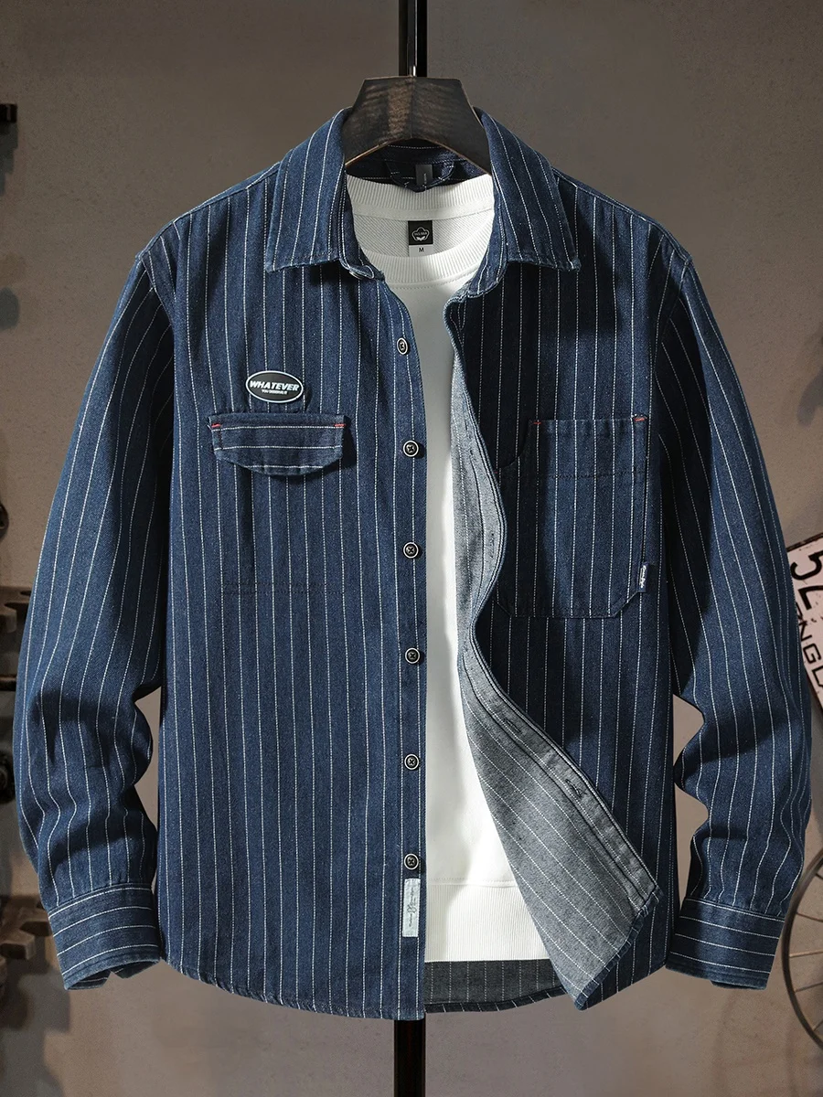 

Мужская джинсовая рубашка в полоску в американском стиле, модная, плотная, рабочая, с длинным рукавом, весенне-осенняя, повседневная, верхняя одежда