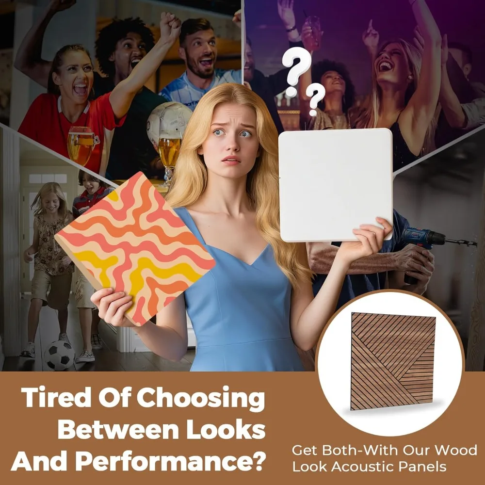 剥がして貼るだけの吸音壁パネル – 8枚入り 自己粘着式 木目調 防音パネル 23.6インチ x 23.6インチ 室内壁装飾用