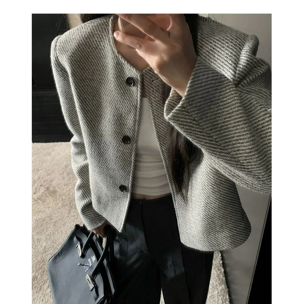 

Ретро круглый Ne с одной пуговицей, свободные полосатые женские туфли, молодежный простой модный маленький ароматный рукав, весна-осень, новое поступление