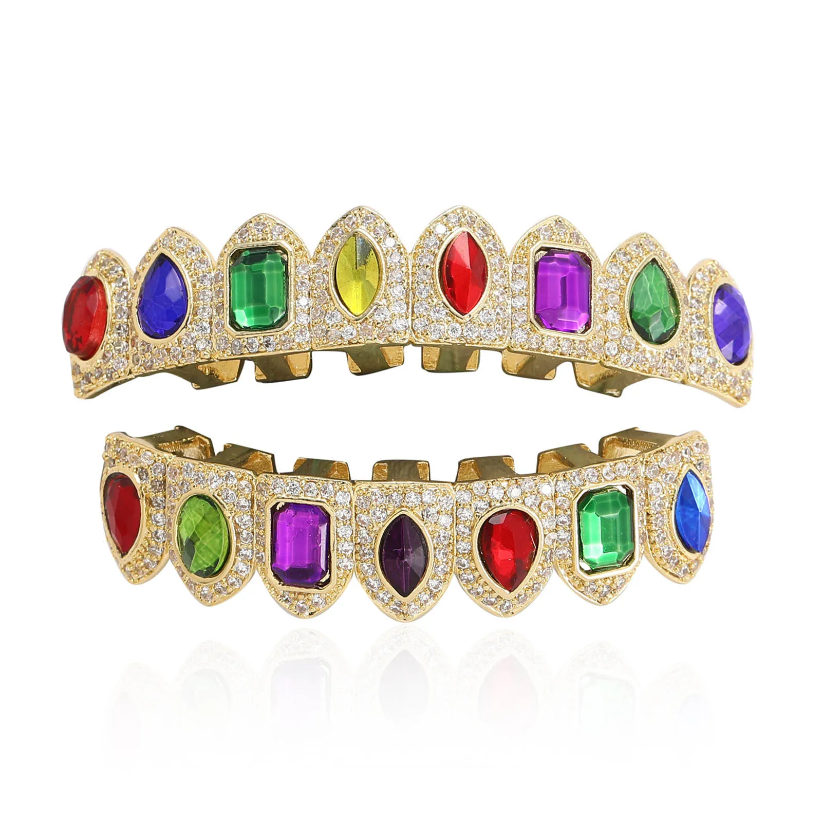 

Full CZ Multi-color Stones Teeth Grillz Caps Cubic Zircon Iced Out Micro Pave Top&Bottom Charm Grills Set For Men Women Jewelry