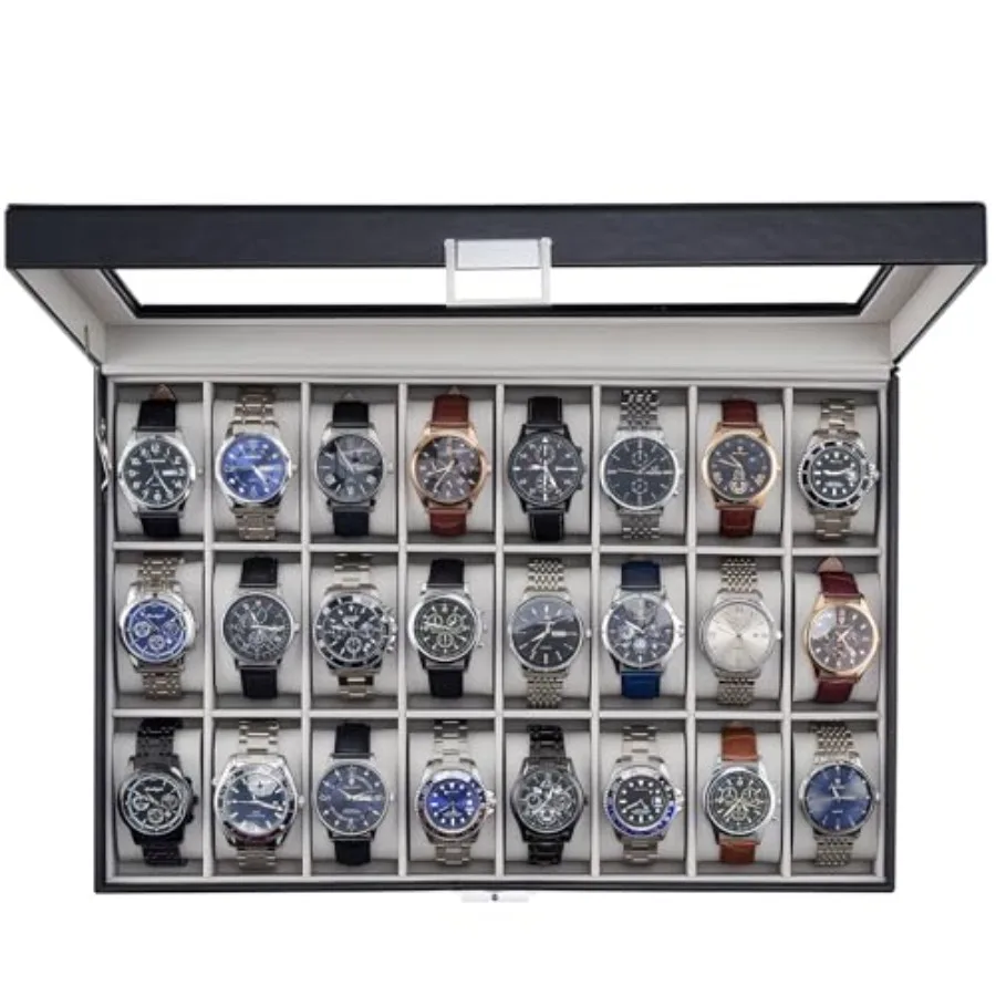 

Watch Box for Men 24 Slot Display Case with Real Glass Lid and Removable Pillows Premium Storage Holder Organizer for Watch Col