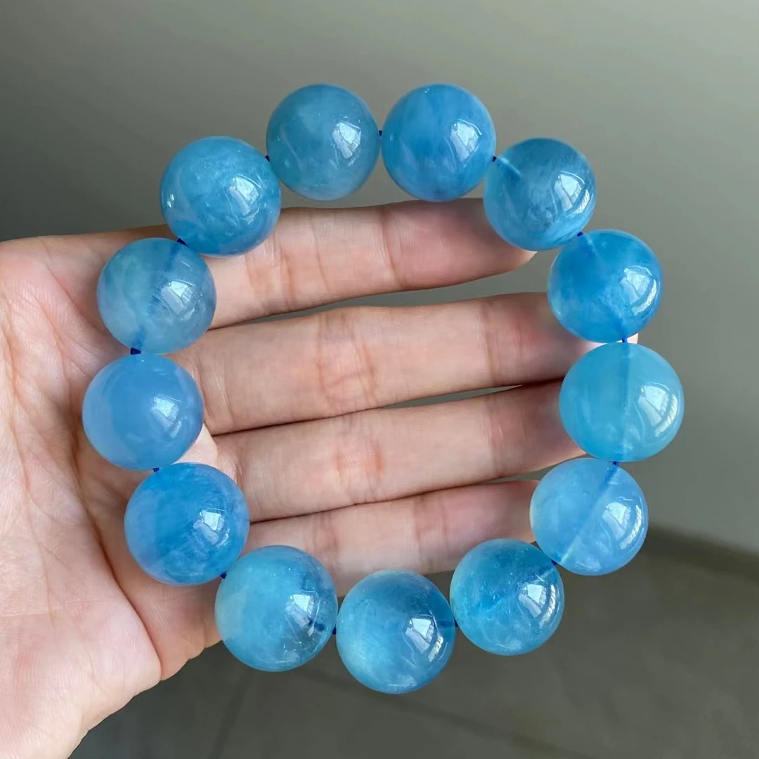 

Genuine Natural Blue Aquamarine Round Beads Bracelet 17.5mm Women Men Gift Fashion Brazil Deep Blue Aquamarine Jewelry AAAAA