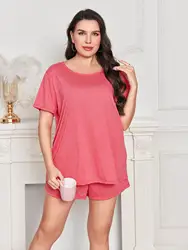 Plus Size Women's Pajamas Set Shorts Sleeves Top & Pants 2 Pieces Sleepwear Female Nightwear Solid O Neck Homewear Clothes