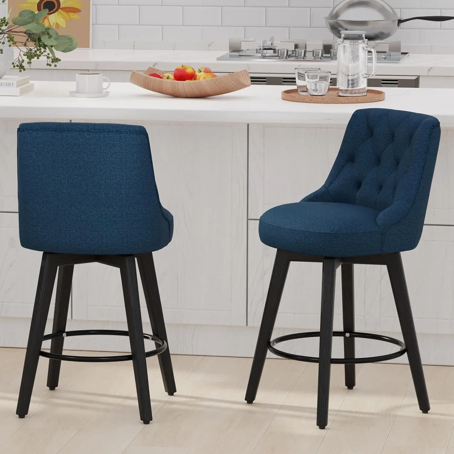 Modern 26 Inch Bar Stools Set Of 4, Counter Height Bar Stools With Back, Fabric Upholstered Swivel Bar Stools, Solid Wood Legs