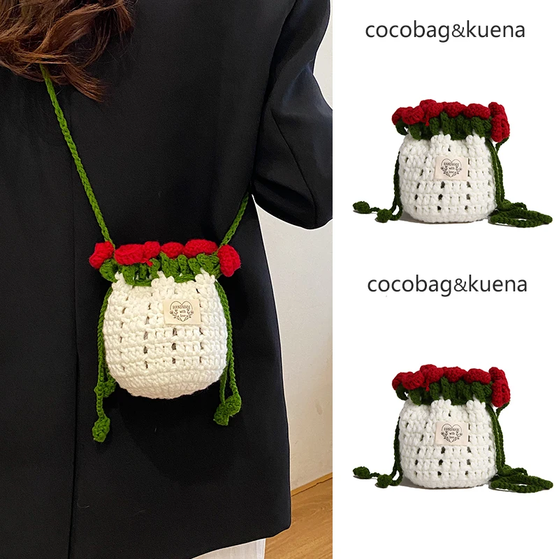 

Summer Rose Knitted Buet Bag Women's Crossbody Bag Trendy Soft Fabric Geometric Pattern Youth Casual Single oulder Bag
