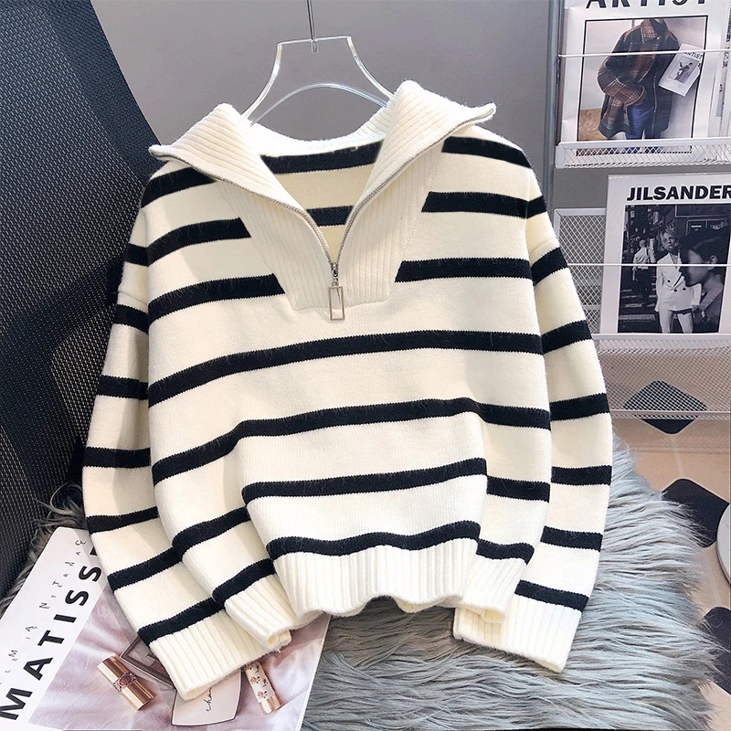 Autumn Winter Fashion Striped Zippered Lapel Long Sleeve Loose Casual Knitted Sweater For Women