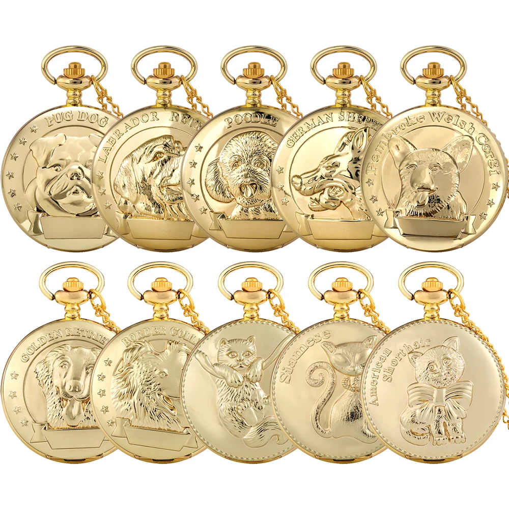 

Прекрасное винтажное ожерелье с собакой/кошкой, кварцевые карманные часы, циферблат с арабскими цифрами, золотой кулон, карманные часы, подарок для любителей домашних животных