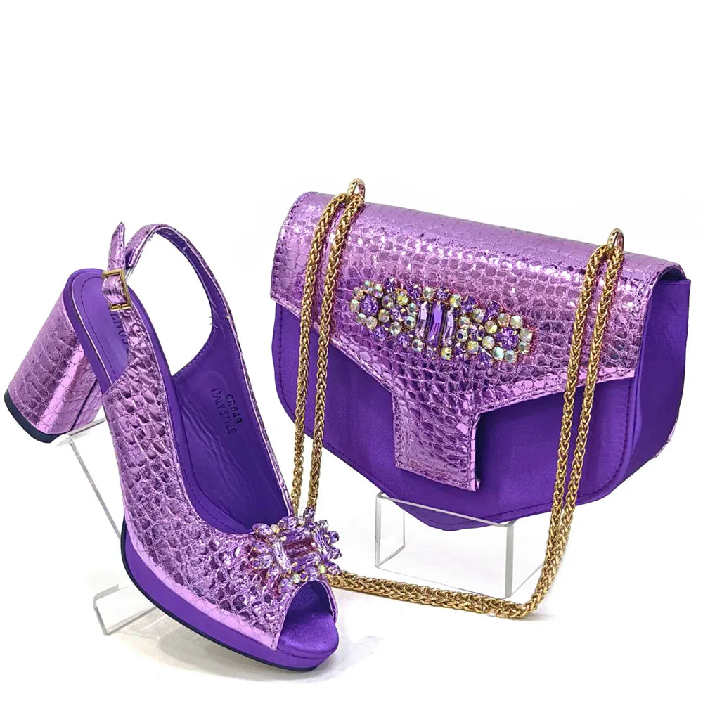 African Women's Favorite Rhinestone String Strap Decorate Purple Color Glitter Fabric Pointed Toe Heels And Bag Set