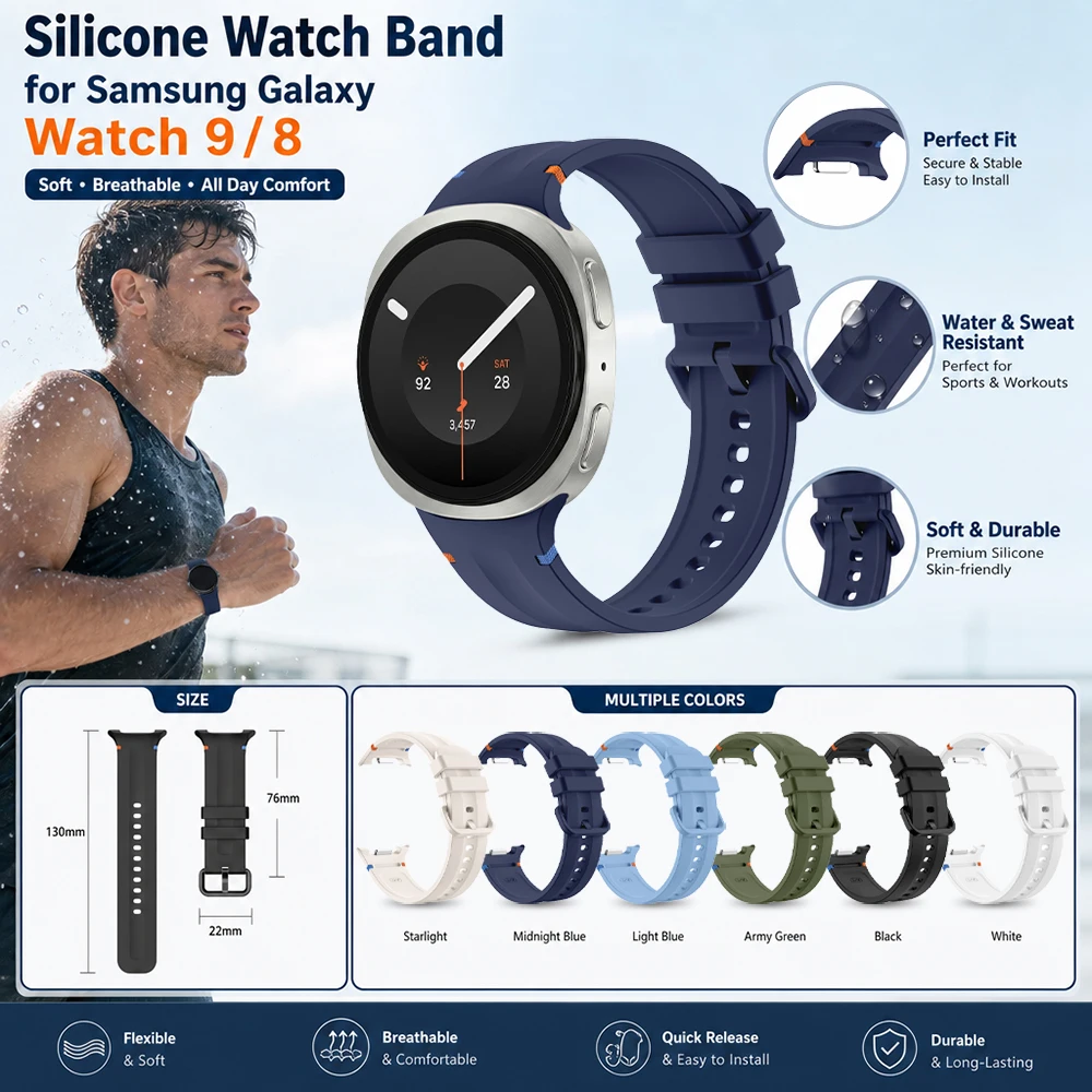 Sweat-Proof Sport Silicone Band for Samsung Galaxy Watch 9 8 40mm 44mm Durable Replacement Strap for Galaxy Watch 8 Classic