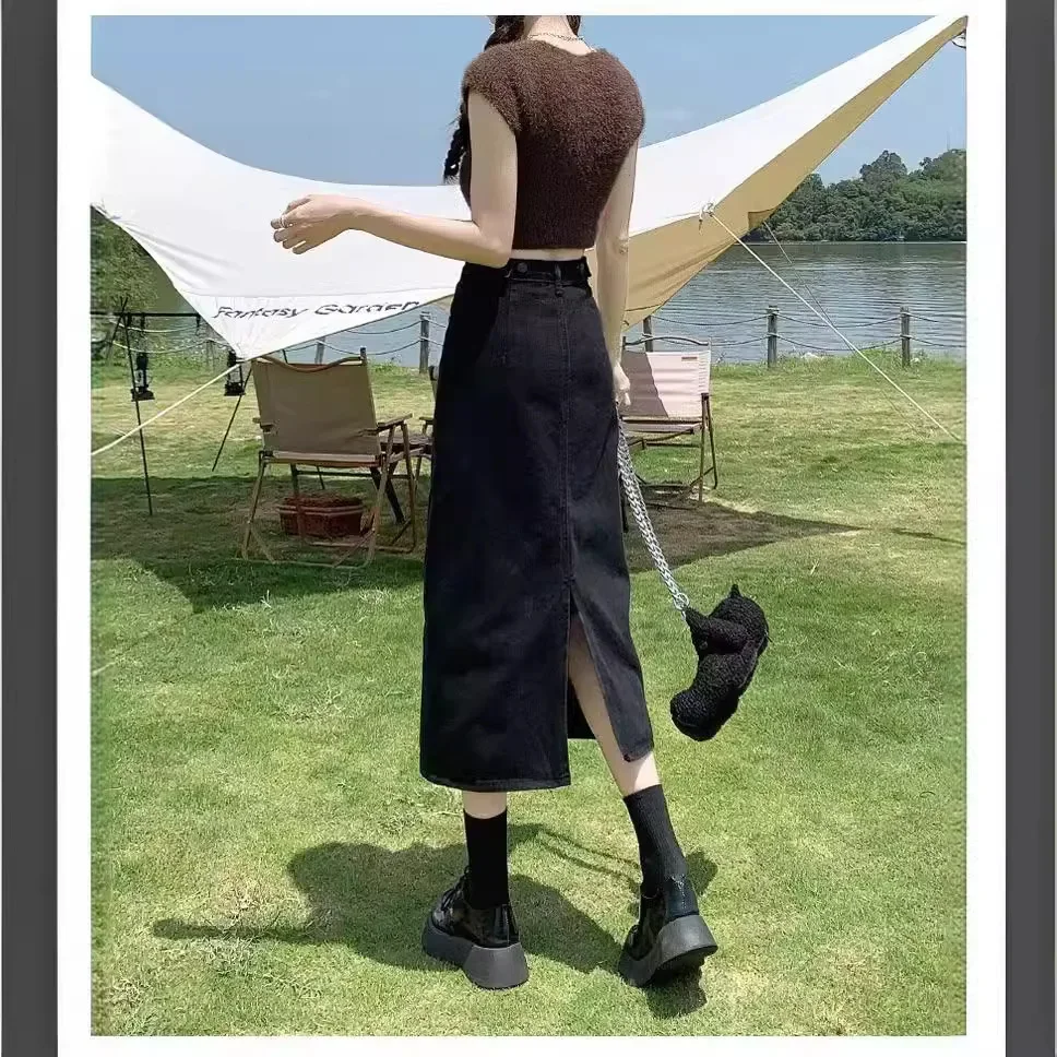 Blackdenim High-Waisted Slimming Skirt Medium-Length Pear-Shaped Body Shape Side Slit For Women Summer Autumn Season