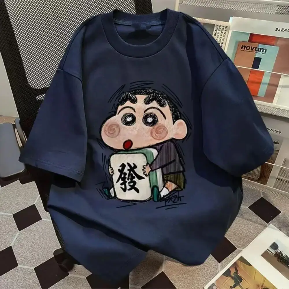 Kawaii Shin-Chan Fortune Mahjong Graphic T-Shirt, Japanese Anime Print Casual Cotton Tee, Unisex Summer Streetwear Top