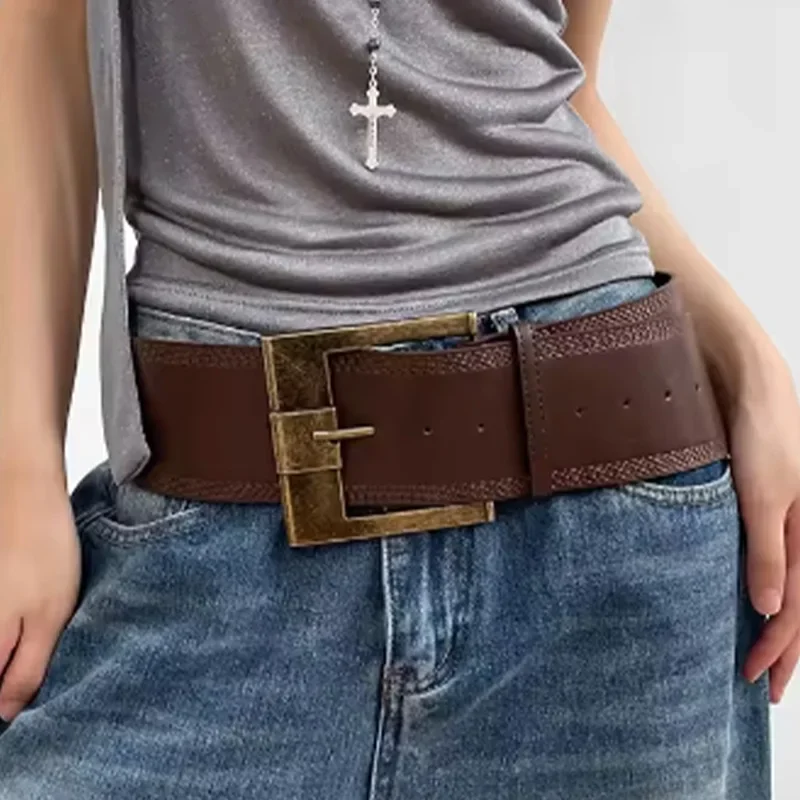 Vintage Wide Belts American Spice Girls Waist Closing PU Leather Girdle Square Antique Copper Buckle Men Women Jeans Accessories