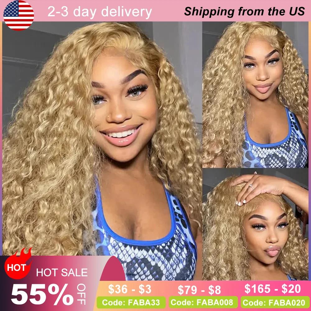 Honey Blonde Curly Lace Front Wig, HD Transparente Lace Front Wig com o cabelo do bebê, Honey Blonde, Deep Wave Peruca de cabelo humano